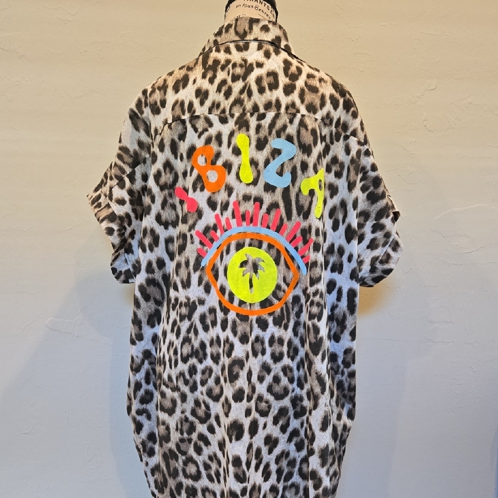 IBIZA Leopard Print Button-Up Shirt Dress in Neutral Tones. Beaxh Coverup - Picture 2 of 6